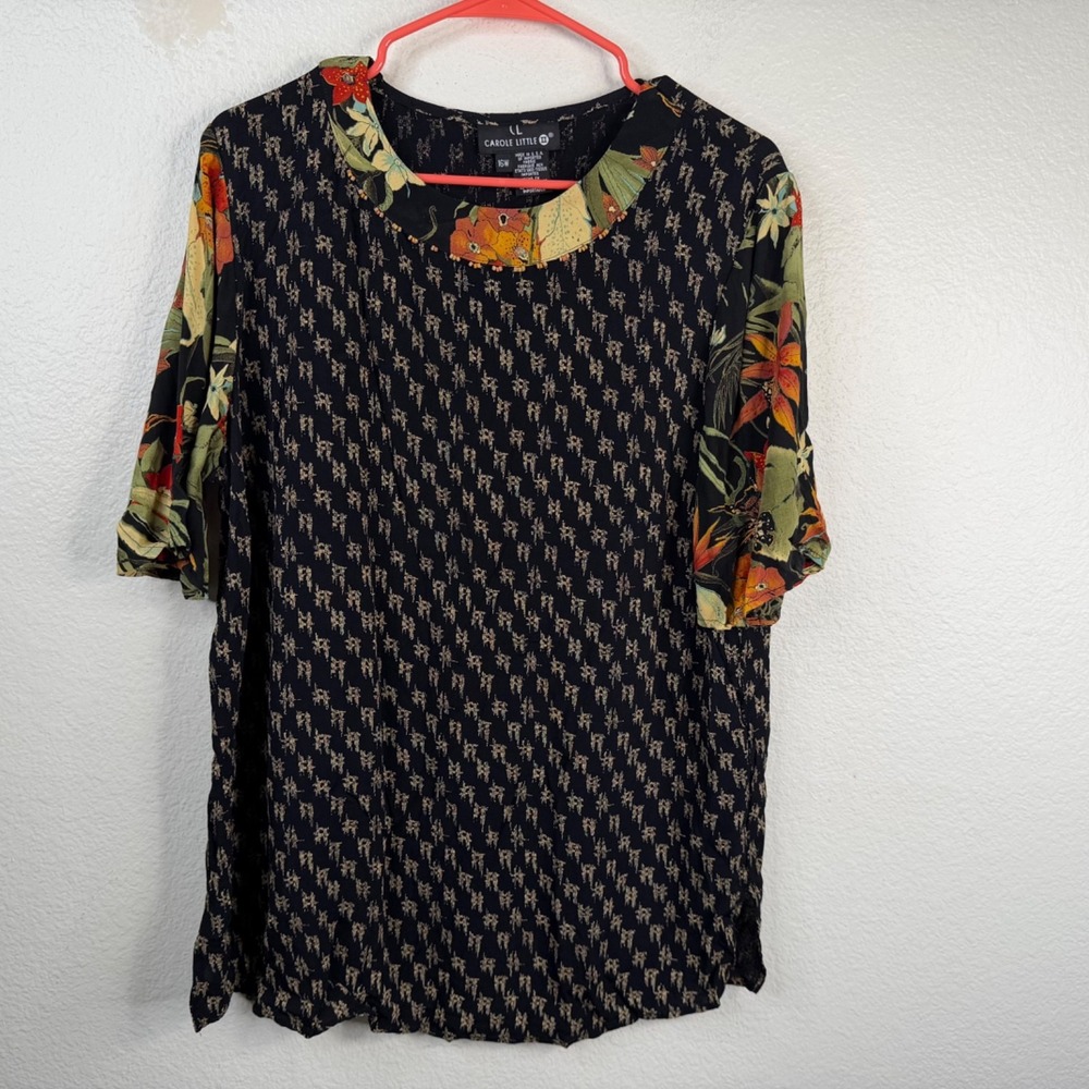 Vtg Carole Little Top Women's Tunic Short Sleeves Floral Black Sz 16W Boho
